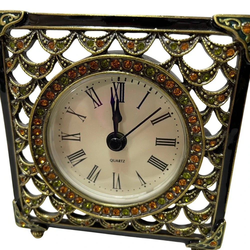 Keypower Small Table Clock Decorative Analog Enamel Frame w/ Crystal Accents